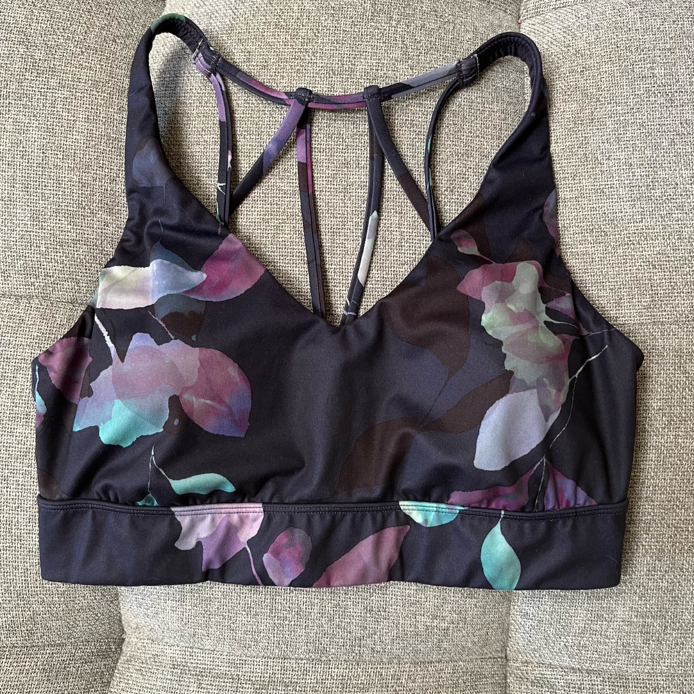 ALL IN MOTION Navy Floral Print Light Support Strappy Sports Bra Sz M